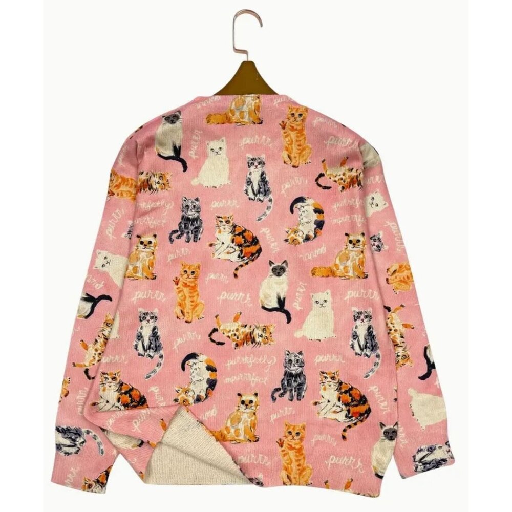 NEW Vintage Looking Pink Frolicking Cat Love Design Print Sweater Sizes M, L, XL - Picture 2 of 4